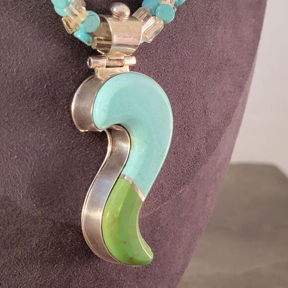 David Troutman Silver Creations Blue & Green Turquoise Pendant Necklace - Picture 4 of 10